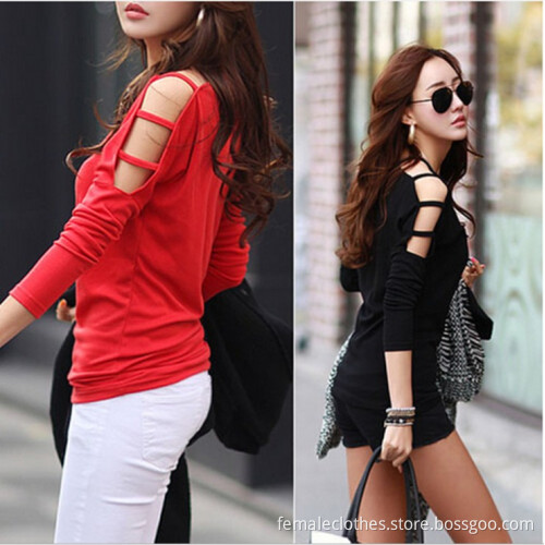 Spring and autumn new Women Korean loose large size strapless long-sleeved cotton T-shirt bottoming shirt blusa camisa camicia